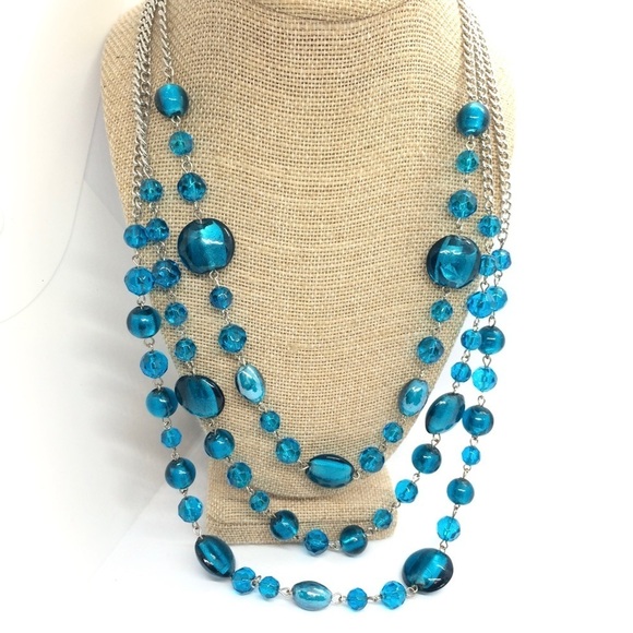 3/$30 BLUE FOIL GLASS BEAD MULTI CHAIN NECKLACE SATELLITE SILVER TONE LAYERED - Picture 1 of 10